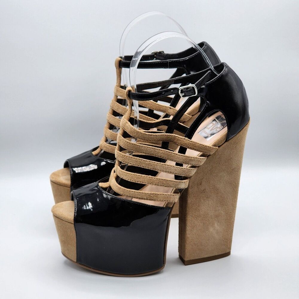 DV8 Dolce Vita‎ Harleta Suede Nude Black Heels Open Toe Retro Strappy Shoes 7.5